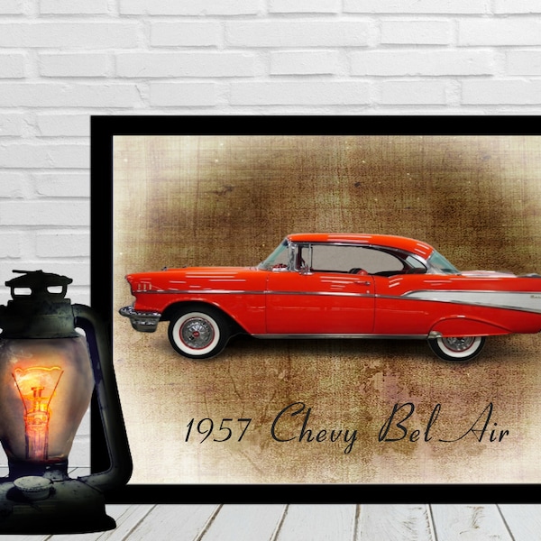 1957 Chevy Red Bel Air Hardtop Digitaler Wanddruck, Chevy Classic Auto Wandkunst, Last minute Vatertagsgeschenk, Unter 10 Dollar