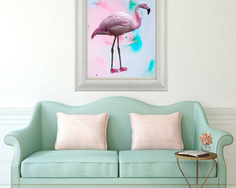 May include: A framed print of a pink flamingo standing on one leg against a watercolor background of pink, blue, and green.