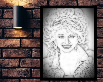 May include: Black and white pencil drawing of a woman with long, curly hair. She is smiling and wearing a jacket with a star pattern.