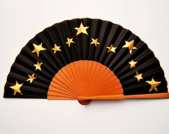 Handfan  GOLDEN Stars / Handpainted hand Fan / Wooden handfan / cotton fan / Fancy fan / gift for mom / fashion accessories