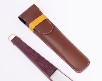Sewn leather case - Brown and yellow fan cover - fan case - FREE SHIPPING
