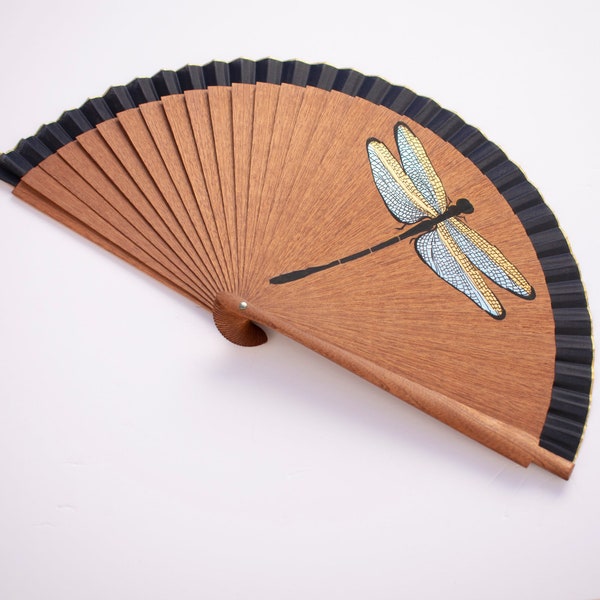 Handmade wooden fan painted by hand with illustration of dragonfly. Free shipping