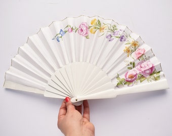 Ventaglio dipinto a mano / FLOWERS handfan / Brillante da sposa / handfan nuziale / Manichino in legno / handfan di seta / fan romantico