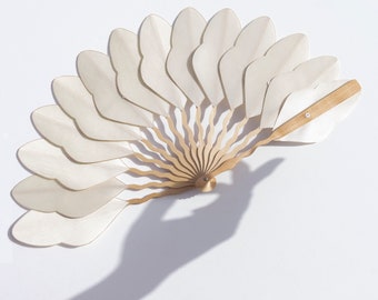 Bridal fan, handmade in silk satin and natural sycamore wood