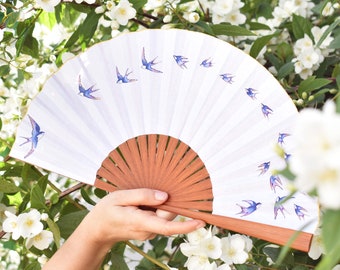 Christmas gift/ Hand fan swallows /  FREE SHIPPING - Hard Fans silk or cotton - Bridal fan - Wedding handfan