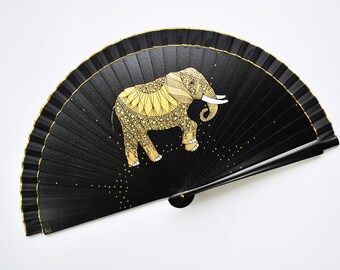 handpainted folding fan Black Elephant - Wooden and cotton handfan -  Spanish artisan fans -  Modern pop handfan - FREE Delivery