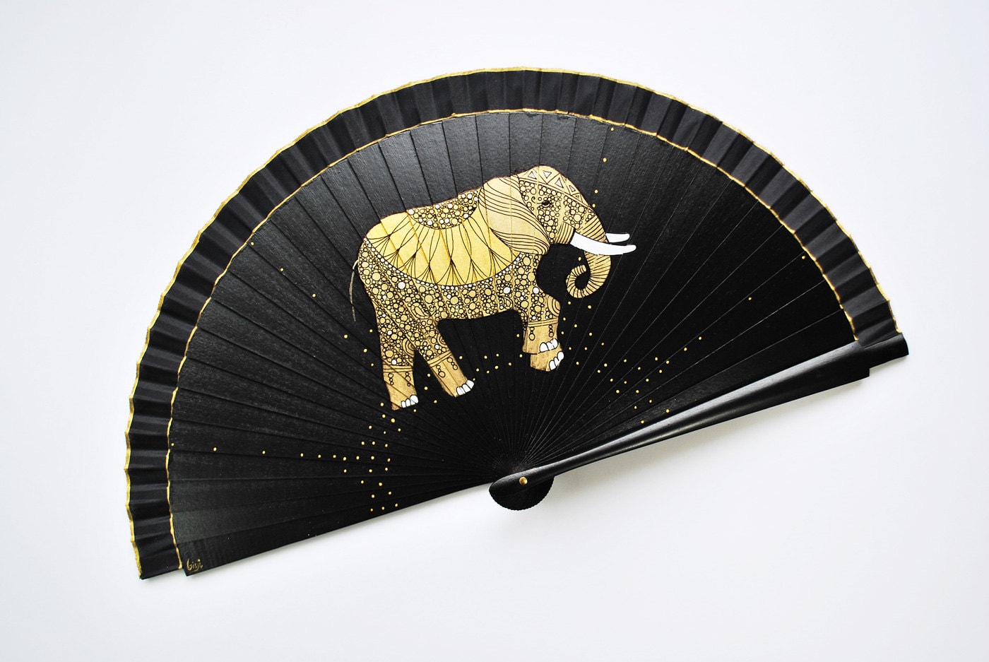 Handpainted Folding Fan Black Elephant Wooden and Cotton photo