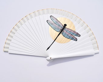 Bridal Fan / White Fan / Fan with dragonflies / Medium Bridal Fan