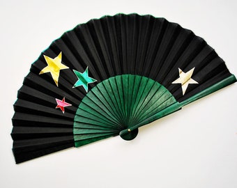 Colorful stars  Handfan - Hand painted Fan -  Wooden - Fancy  - Cotton - FREE SHIPPING