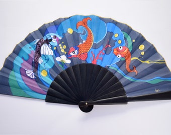 Fishes folding handfan / Hand painted Fan / Wooden handfan / cotton handfan / Spanish handfan / Modern handfan / Pop handfan / artisan fan