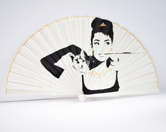 Handmade hand fan, made of wood and cotton fabric-  FREE SHIPPING - illustration of Audrey Hepburn on Breakfast at Tiffany's