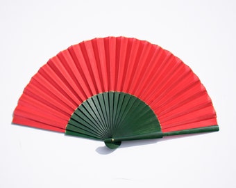 Silk fan / red and green hadfan / Artisan Wooden Folding fan - FREE DELIVERY