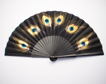 Hand painted Fan, fan illustration peacock feathers, Wooden fan , Black fan, Spanish hand fan, Modern hand fan , artisan hand fan