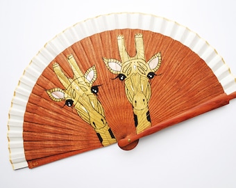 Fan with giraffe illustration / wooden artisan fan / Modern handmade fan - FREE SHIPPING