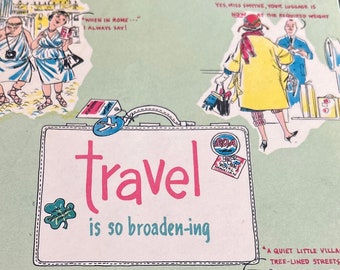 Travel is so Broaden-ing” vintage travel souvenir record book journal, 1960 cheeky cute