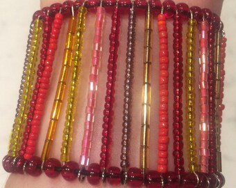 90s Beaded Cage Bracelet, Handmade, Red color family multicolored mixed media