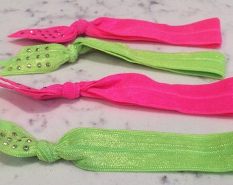 Neon Bedazzled Hair Elastic Bands, Hairties with Rhinestones, Set of 4