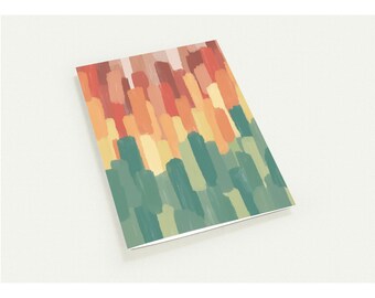 Könnte beinhalten: Ein Notizbuch mit einem farbenfrohen, abstrakten Design. Der Einband zeigt vertikale Pinselstriche in Rot-, Orange-, Gelb- und Grüntönen. Das Notizbuch ist rechteckig und hat einen weißen Rand.