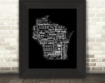 Wisconsin Slogans, Word Art, Typography, Map, Wisconsin, Wisconsin Print, WI, Fine Art Print, Tourism Gift, Travel, Wall Art, Gift, Print