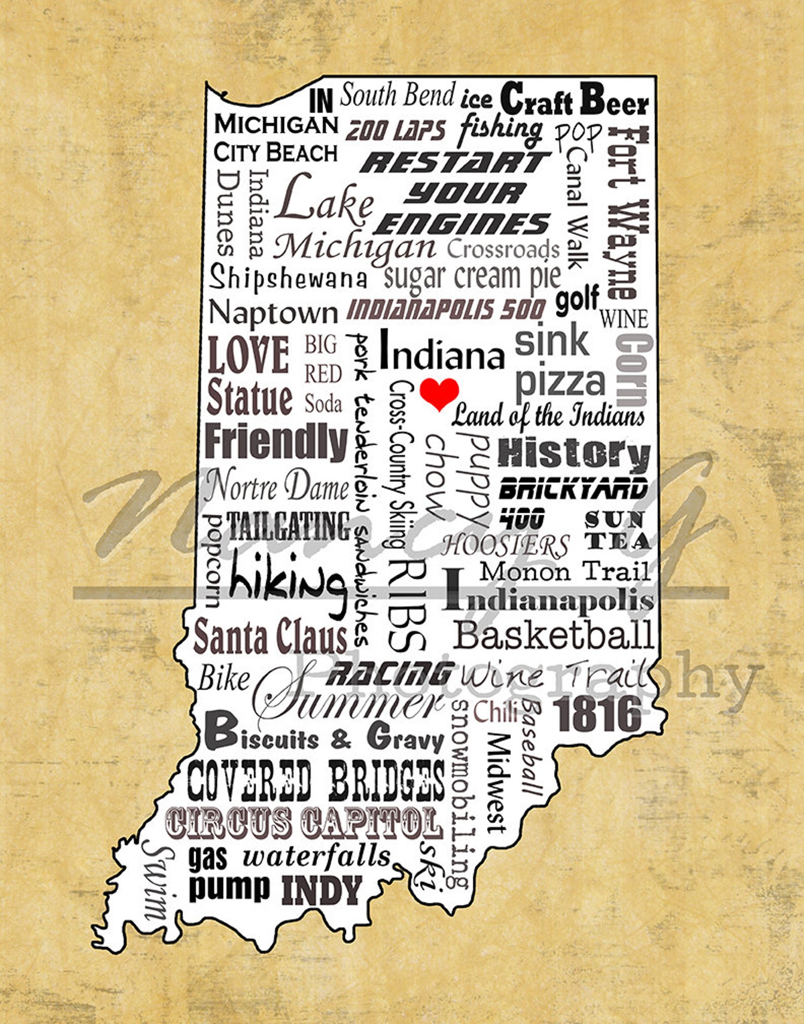 Indiana Word Art, Typography, Map, Indiana, Indiana Print, Slogans ...