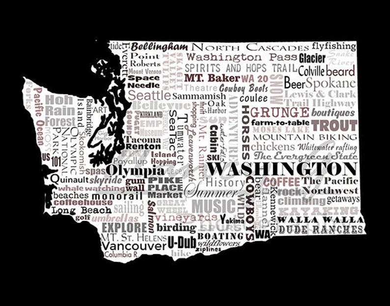 Washington State Slogans Word Art Typography Map Etsy