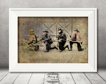 May include: Four firefighters in uniform pose in front of a weathered wooden door. The firefighters are wearing helmets and holding hoses. The background is a vintage map with faded text.