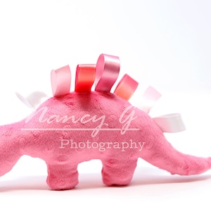 Stuffed Dinosaur, Comfort toy, ribbon loops, Dino, Animal, Child Room Décor, Nursery Decor, Kids Room Decor, colorful, plush, baby gift Pink
