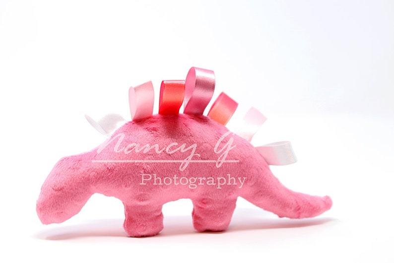 Stuffed Dinosaur, Comfort toy, ribbon loops, Dino, Animal, Child Room Décor, Nursery Decor, Kids Room Decor, colorful, plush, baby gift Pink