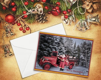 Vintage Firefighter, Santa Card, Fire Engine, 5"x7", Greeting Cards, Fire Photography, Firefighter Santa, Christmas Card, Holiday Card