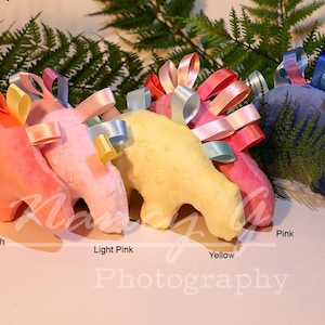 Stuffed Dinosaur, Comfort toy, ribbon loops, Dino, Animal, Child Room Décor, Nursery Decor, Kids Room Decor, colorful, plush, baby gift image 1
