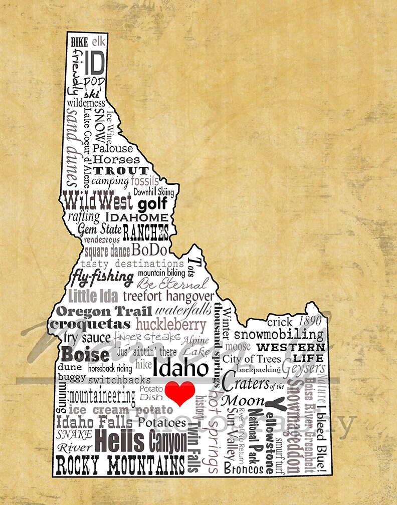 Idaho Word Art Typography Map Idaho Idaho Print slogans Etsy