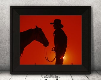 Sunset Cowboy Print, Western Print, Cowboy and his Horse, 8x10 Print, Western Decor, Gift for Him, Rustic Cowboy, Country Decor, Red Sunset