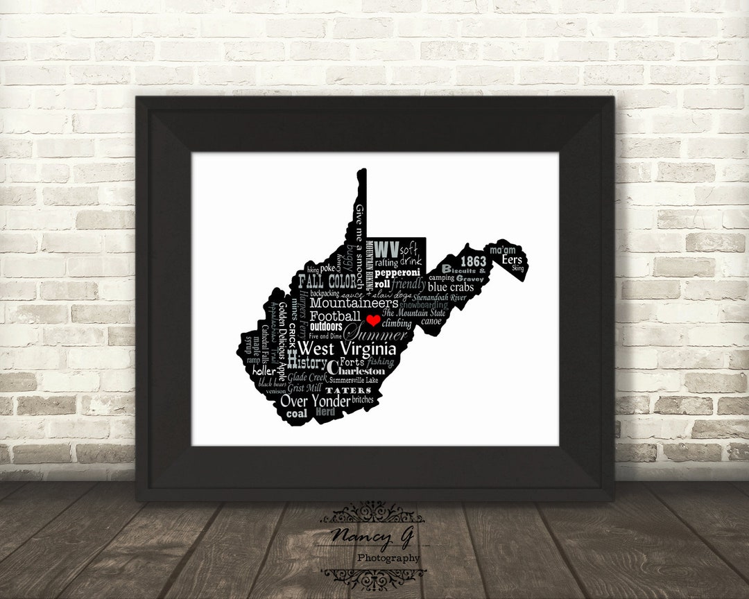West Virginia Word Art Typography Map West Virginia West Etsy