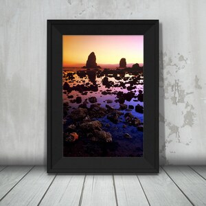 May include: A framed photograph of a rocky beach at sunset. The water is a vibrant mix of purple, blue, and pink, reflecting the colors of the sky. A single starfish lies on the sand in the foreground.