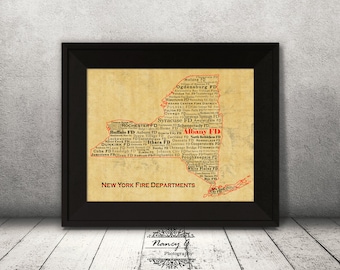 New York Fire Departments, NY, Printed Art, New York, Word Art, Wall Art Photography, Firefighter Poster, Wall Art, NY State, State FD Print