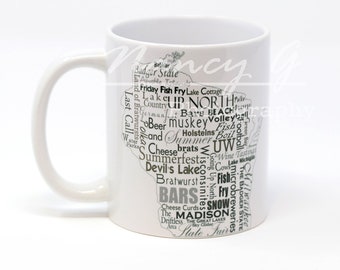 Mug, Coffee Mug, Wisconsin,  Wisconsin wording, WI, Word art, Decor, Kitchen dishes, gift, home accents, Bars, beverage container, mugs
