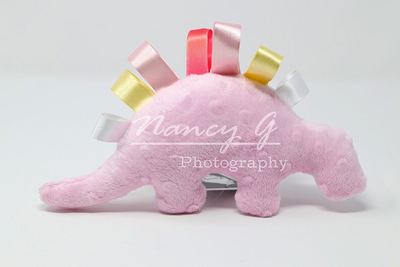 Stuffed Dinosaur, Comfort toy, ribbon loops, Dino, Animal, Child Room Décor, Nursery Decor, Kids Room Decor, colorful, plush, baby gift Light Pink