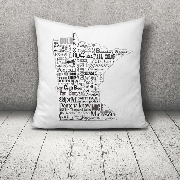 Decorative Pillow, Minnesota Word Art, Square Pillow, Home Art, Gift for Him, Minnesota Map, Slogans Sayings, Graphic Word map, Home Decor