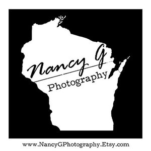May include: Black and white image of the state of Wisconsin with the text "Nancy G Photography" and the website address "www.NancyGPhotography.Etsy.com" below.