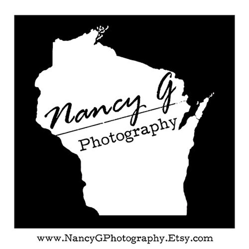 May include: Black and white image of the state of Wisconsin with the text "Nancy G Photography" and the website address "www.NancyGPhotography.Etsy.com" below.