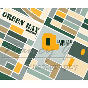 May include: A stylised map of Green Bay, Wisconsin, with a yellow outline of Lambeau Field, the home of the Green Bay Packers.