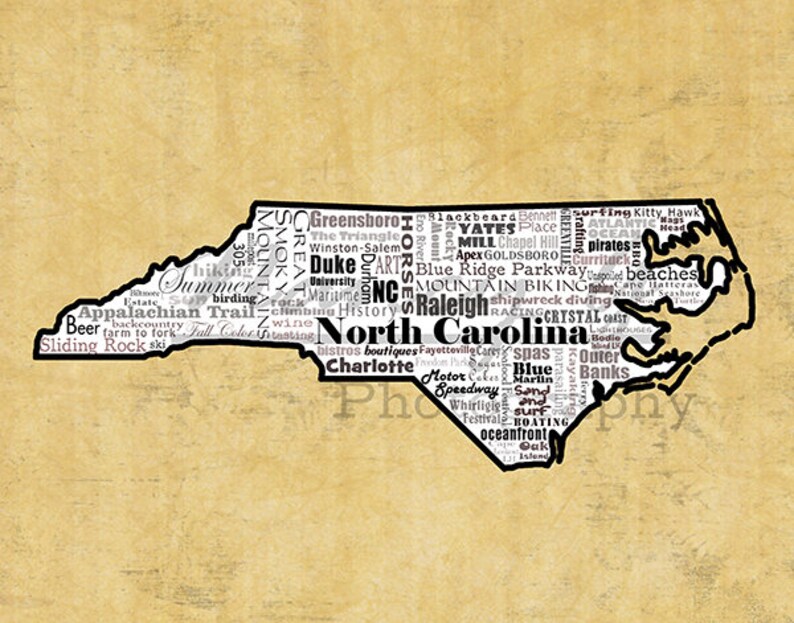 North Carolina Slogans Word Art Typography Map North Etsy