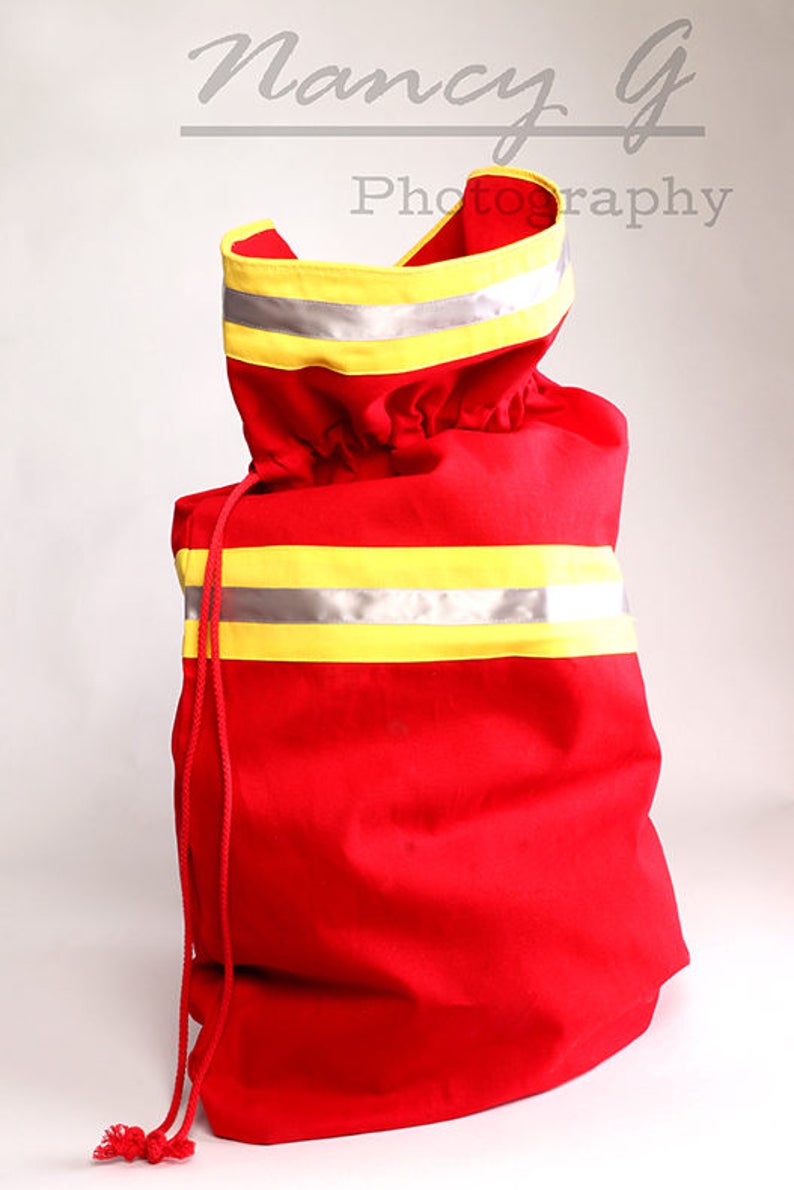 Fire Department Santa Present Bag, Gift for Him, Home Decor, Fabric Art, Santa Claus Bag, Christmas Santa Bag, Firefighter bag for Christmas image 2