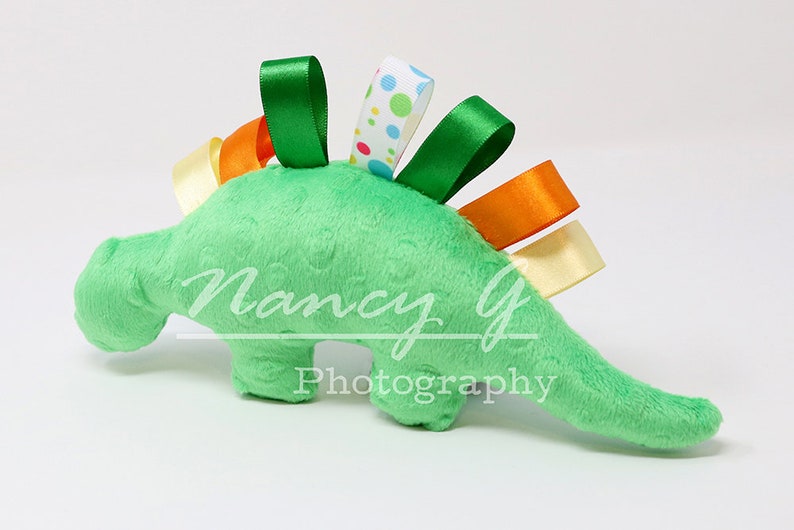 Stuffed Dinosaur, Comfort toy, ribbon loops, Dino, Animal, Child Room Décor, Nursery Decor, Kids Room Decor, colorful, plush, baby gift Green