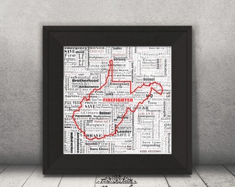 Firefighter Word Art, Typography, States Shape, West Virginia, Virginia, Maryland, Red Outline, Firefighter gift, Firefighters Print, FD Art