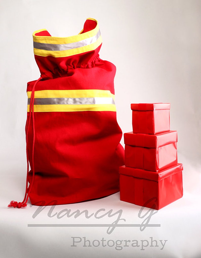 Fire Department Santa Present Bag, Gift for Him, Home Decor, Fabric Art, Santa Claus Bag, Christmas Santa Bag, Firefighter bag for Christmas image 3