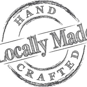 May include: A black and white distressed stamp with the text "Hand Crafted Locally Made".