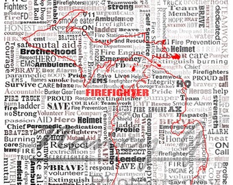 Firefighter Word Art, Typography, States Shape, Michigan, Indiana, Ohio, Red Outline, Firefighter gift, Firefighters Print, Art, Words shape