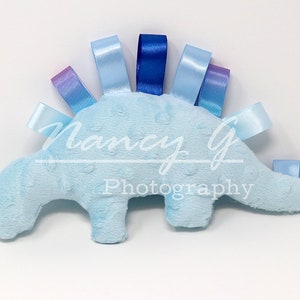 Stuffed Dinosaur, Comfort toy, ribbon loops, Dino, Animal, Child Room Décor, Nursery Decor, Kids Room Decor, colorful, plush, baby gift Light Blue