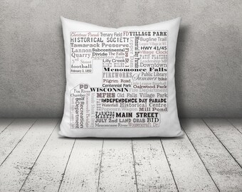 Decorative Pillow, Village of Menomonee Falls Word Art, Square Pillow, Home Art, Retirement Gift, Slogans Sayings, Graphic Word map, Decor